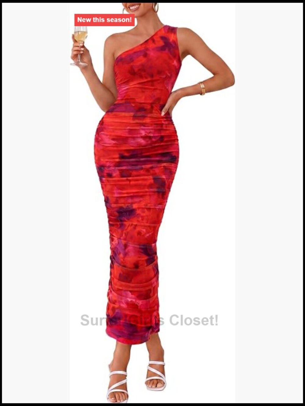 One Shoulder Bodycon Maxi Dress: Printed Ruched Mesh Sleeveless Party